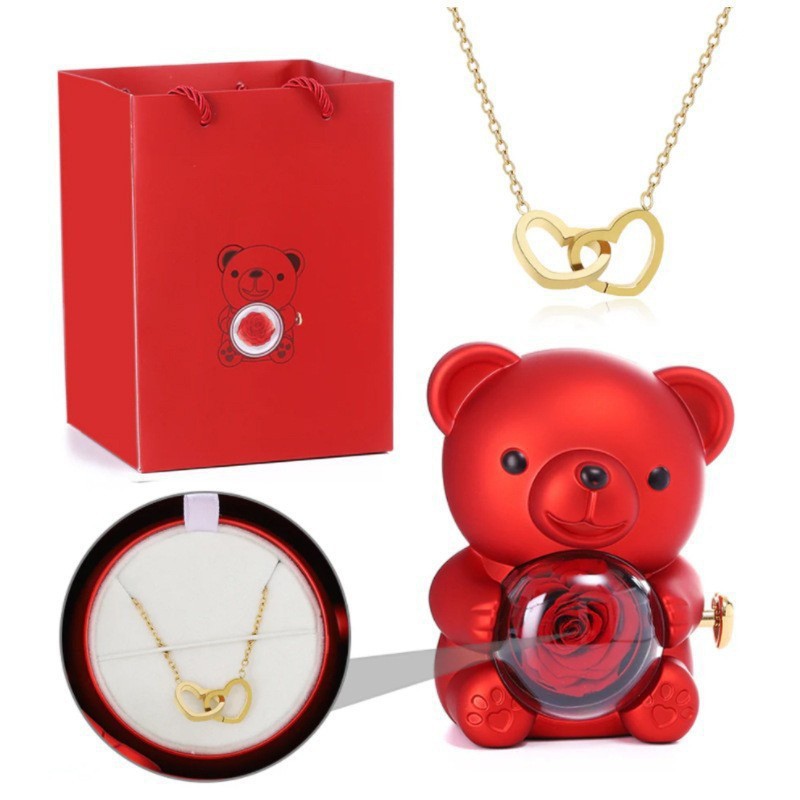 Colar Dueto do Amor + Caixa com Rosa Eternizada ❤️🐻